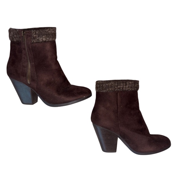 Shoe Dazzle Dark Brown Faux Suede Ankle Boots with Knit Cuff - Picture 2 of 6